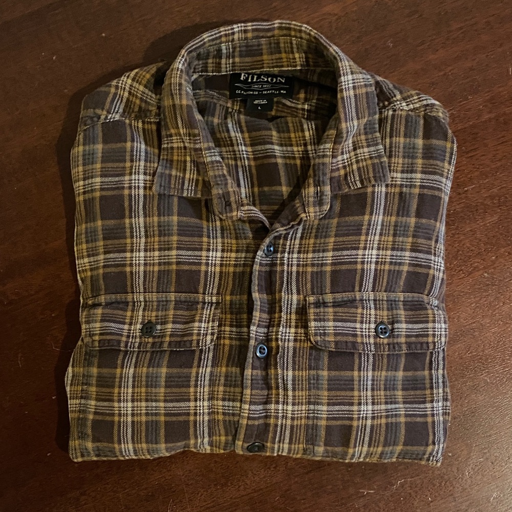 Filson brown and mustard plaid flannel scout shirt sz L